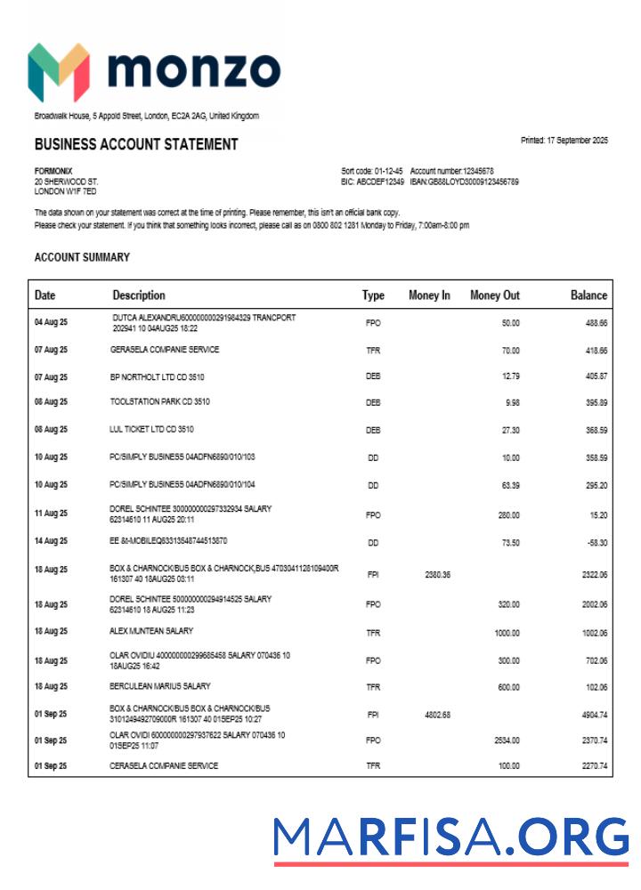 Realistic United Kingdom Monzo enterprise statement Word and PDF template